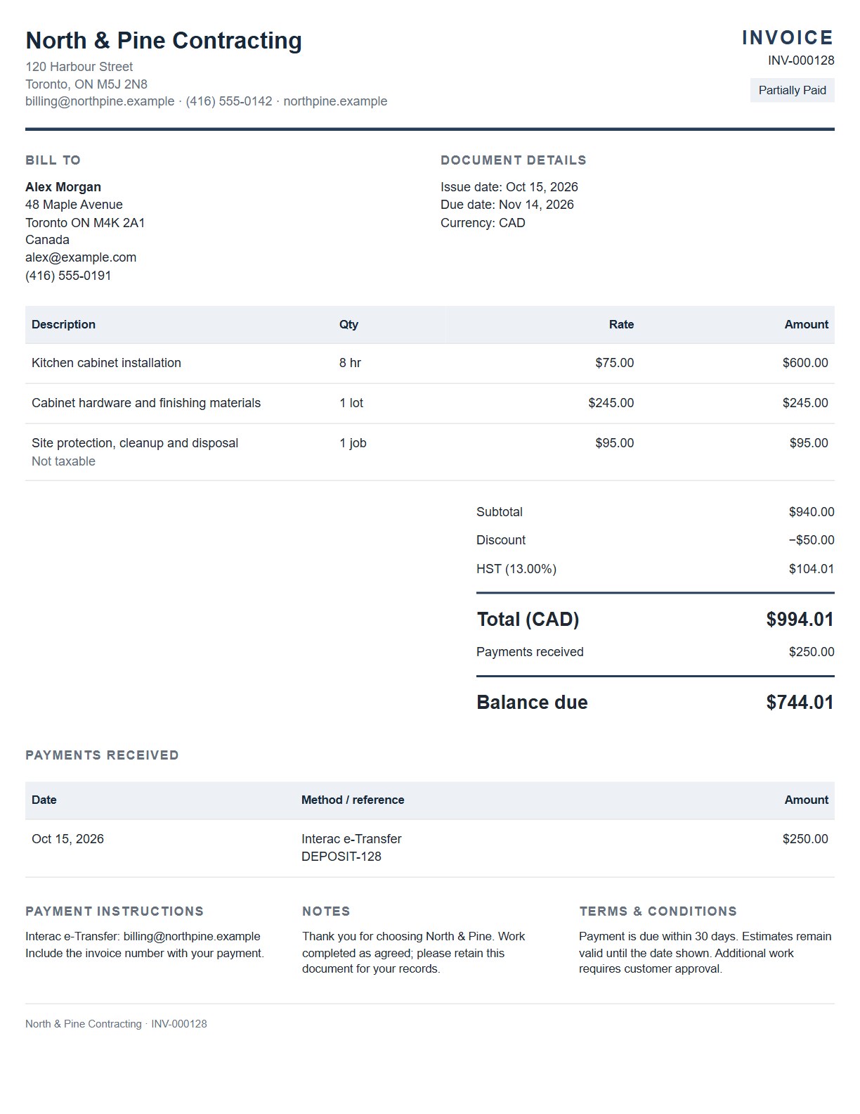 Complete Classic invoice example with fictional business details