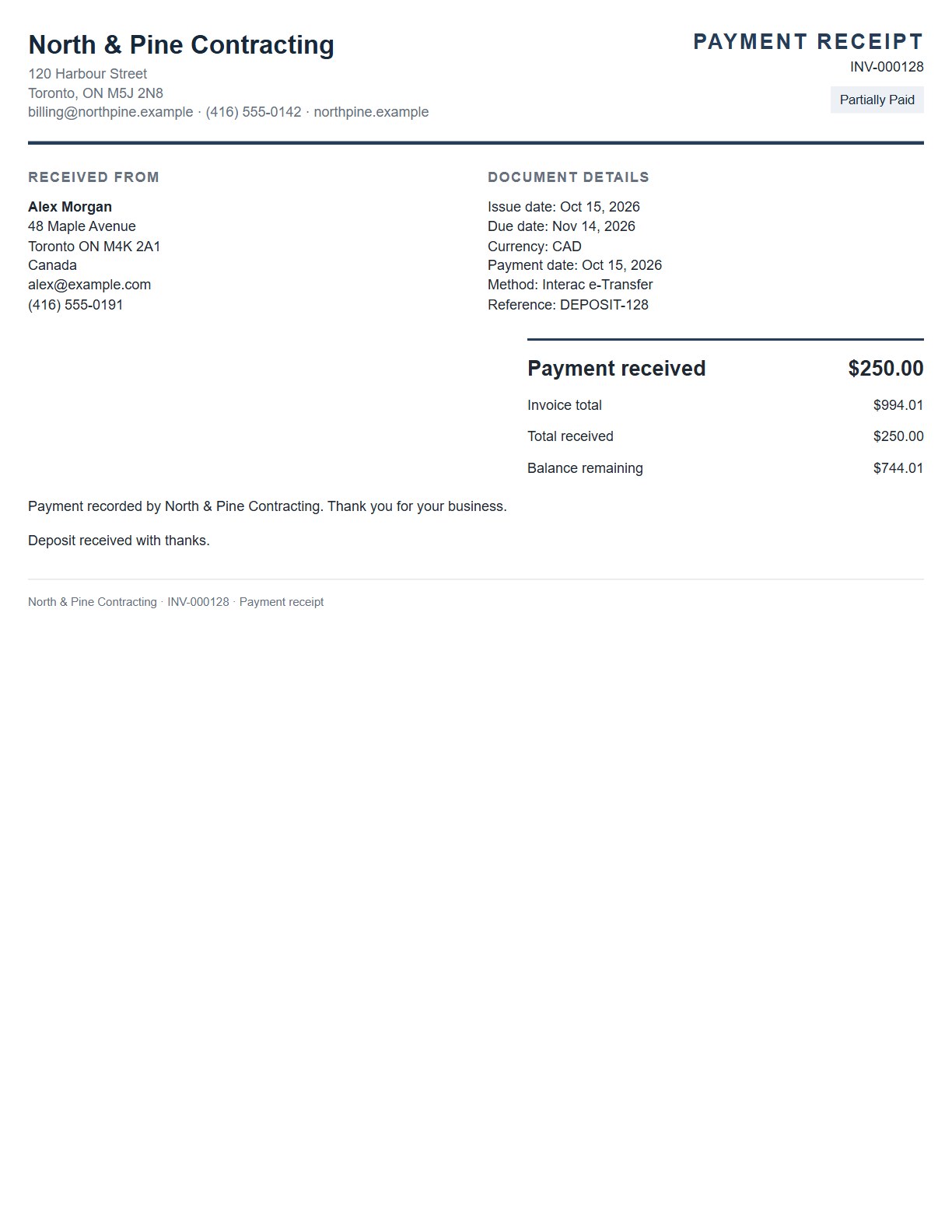 Complete Classic payment receipt example with fictional business details