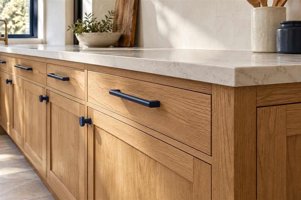 Detail of finished oak kitchen cabinetry with a stone countertop and navy hardware
