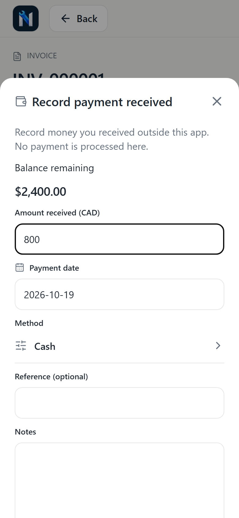 Record money received outside the app